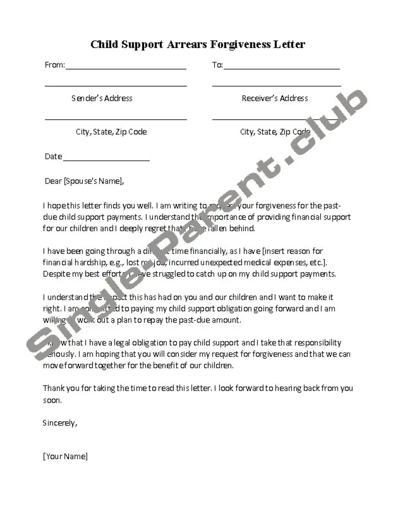 Child Support Arrears Forgiveness Letter sample